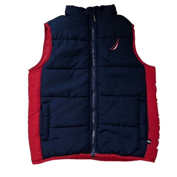 Nautica Boys Navy Red Colorblock Logo Puffer Vest 4 - Picture 1 of 6